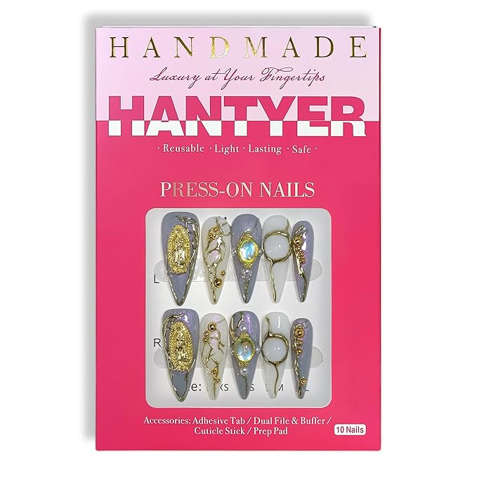 Lavender Press on Nails with 3D Water Droplets, Madonna Medals & Pearls, Long Stiletto Glossy Iced Baroque Fake Nails, Reusable Edgy Luxury False Nails for Women Party Opera Gala (Size M) ﻿