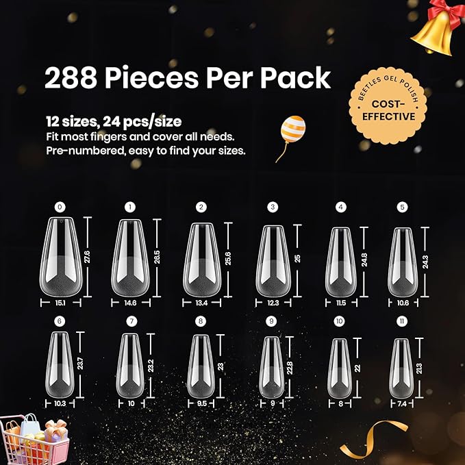 Beetles Gel Nail Tips Medium Coffin Etch X, 12 Sizes 288Pcs Pre Shaped Half Matte Full Cover Press On False Nails Tips Acrylic Fake Nail Extensions Kit Easy DIY Salon Manicure Gift for Women