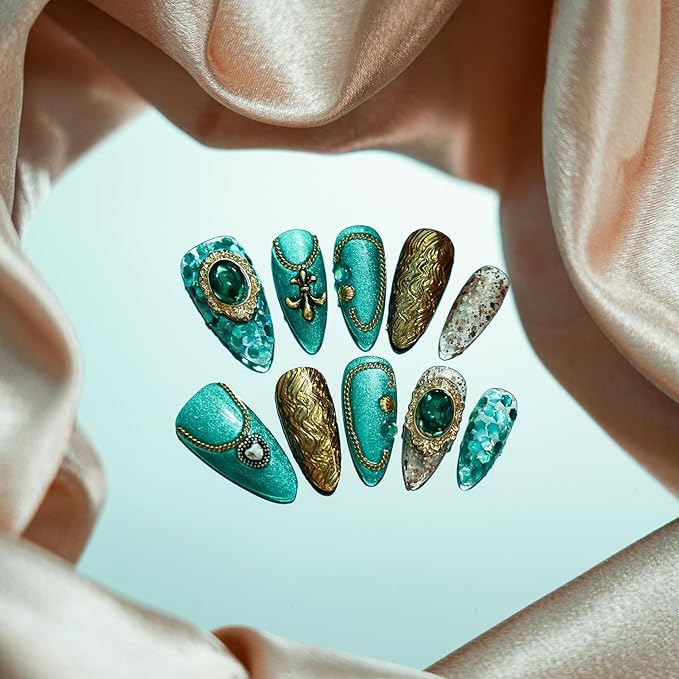 Luxury Vintage Press on Nails Medium Almond, Handmade 3D Gemstone & Glitter Design Green Gold Acrylic Nails, Reusable False Nails (Exotic Flair,M)