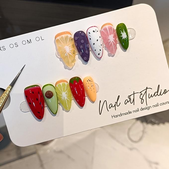 Summer Fruit Press on Nails - Vibrant Almond Shaped Fake Nails with Kiwi, Watermelon & Avocado Designs | Reusable Colorful Nail Art for Women | Tropical Fruit Manicure Set (Medium Length,S)