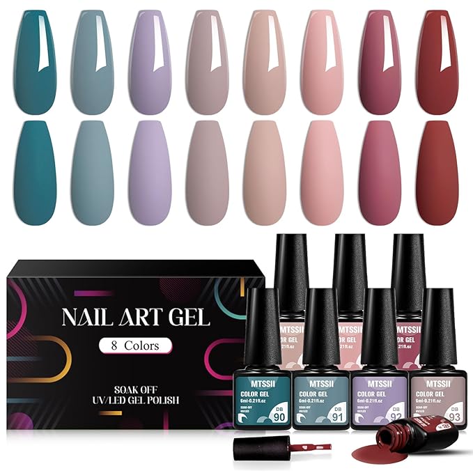 MTSSII Gel Nail Polish Set, 8 Colors Fall Nude Blue Green Pink Ped Purple Soak Off Gel Polish Kit for Salon and Nail Art DIY at Home