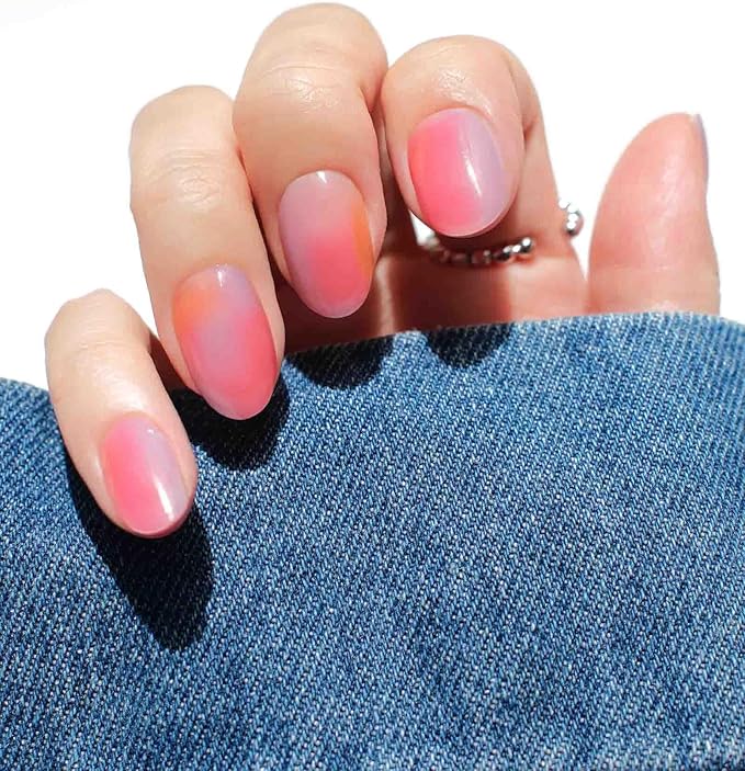 Nail Polish Strips (No UV Lamp Needed) - 22 Pcs Salon Quality Gel Nail Stickers - Long Lasting Wraps (Strawberry Cocktail Pink&Orange)