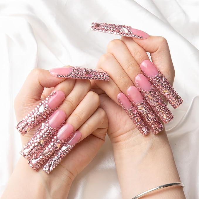 LOVFUL Press on Nails Pink French Tip Rhinestone | Handmade with Full Covered Crystals | Reusable Fake Nails | Square Long 2.2 in | H27-L