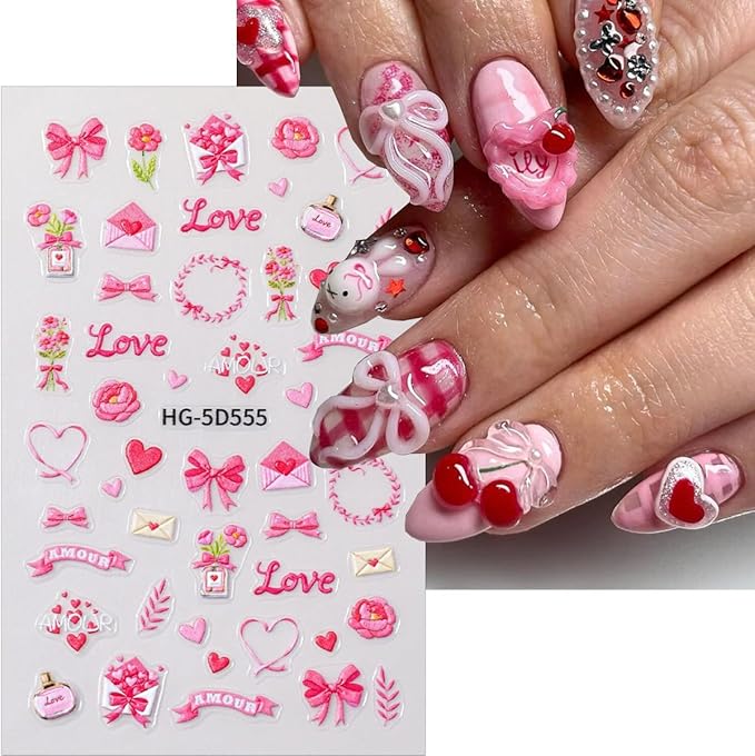 4 Sheets Valentines Day Nail Stickers 5D Embossed Heart Nail Art Stickers Self-Adhesive Rose Flower Cupid Angel Lips Love Letter Designs Holiday Nails Cute Nail Decals for Women Manicure Decor DIY