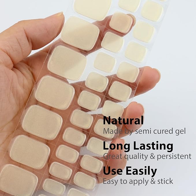 34 Pcs Semi Cured Gel Toe Nail Strips Gold Gel Nail Stickers Full Cover Gold Nails Wraps Self Adhesive Toe Nails Polish Strips Stickers for Women UV/LED Light Required