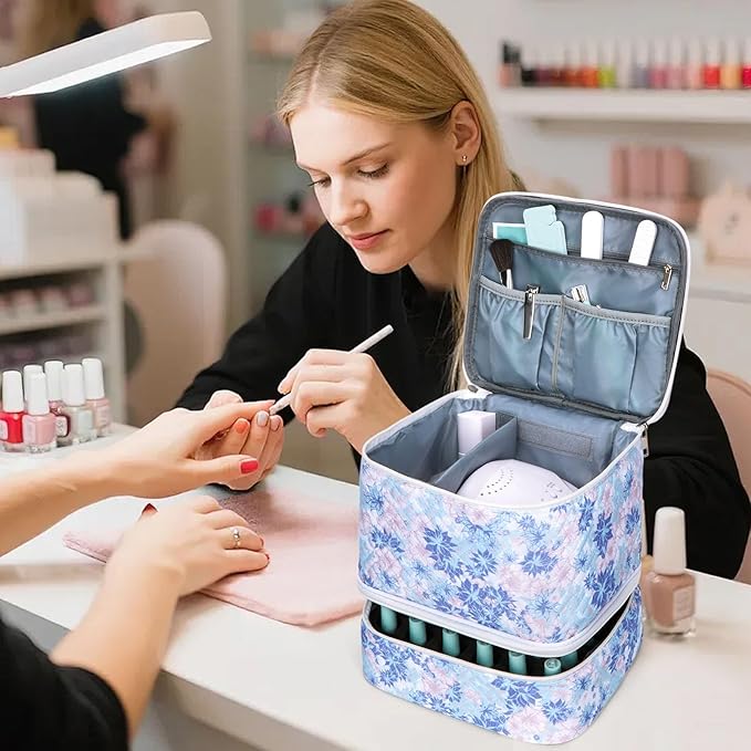 Nail Polish Organizer Aesthetic Nail Organizers and Storage, Bow Nail Supplies Kit Organizer Travel Carrying Case for Manicure Tools (Floral B, 2 Layer)