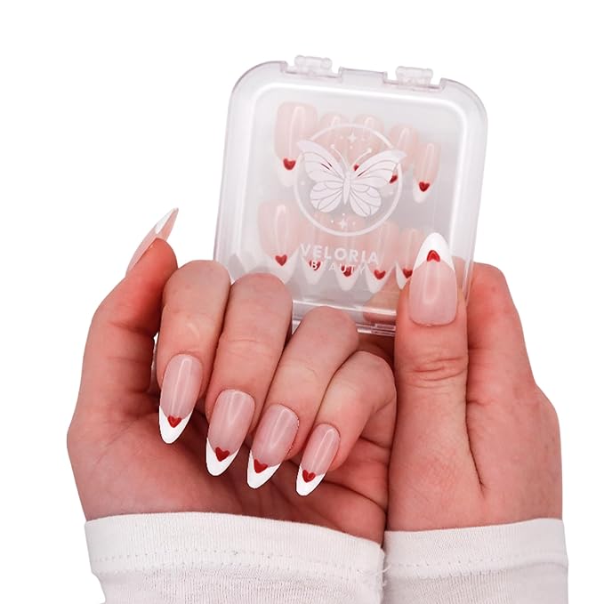 2D Handmade Press On Fake Nails, Long Almond Shaped, French Tips w/Hearts, Acrylic, Gel, Reuseable Kit, For Women Daily Wear, Valentine's Day or Special Occasion (Cupid’s Touch)