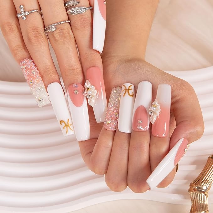 LOVFUL Press on Nails Only You French Tip| Handmade with Full Covered Crystals| Reusable Fake Nails| Square Mid length 1.7in| H97-S