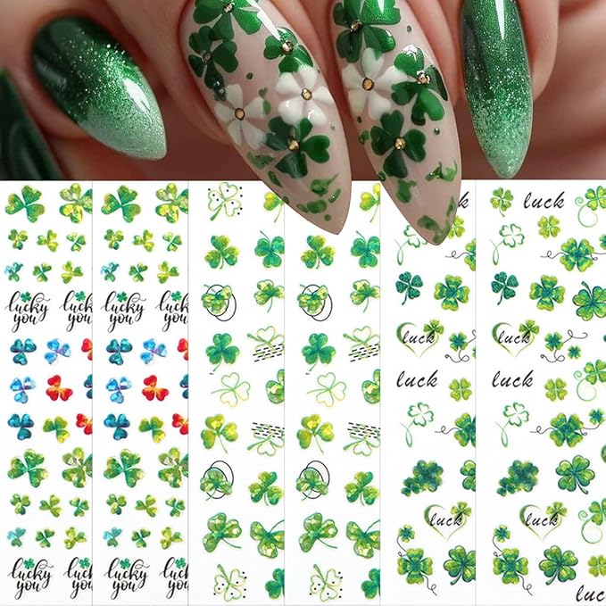 6 Sheets St Patrick’s Day Nail Art Stickers 3D Self- Adhesive Laser Shamrock Nail Stickers Green Clover Hat Letter Design St Patricks Day Nail Art Supplies Irish Nail Decals for Women Acrylic Manicure