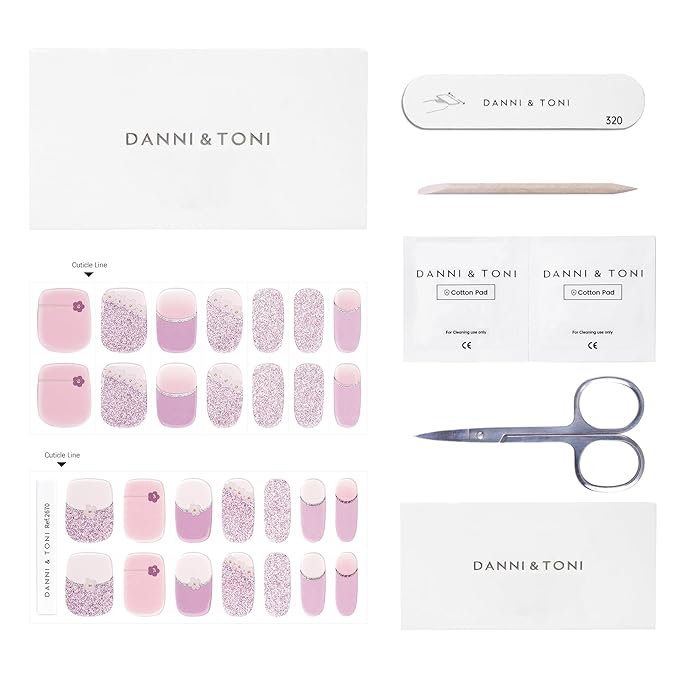 DANNI & TONI Semi Cured Gel Nail Strips Purple (Spring Whisper) French Tip Flowers Gel Nail Wraps UV Nails 28 Stickers