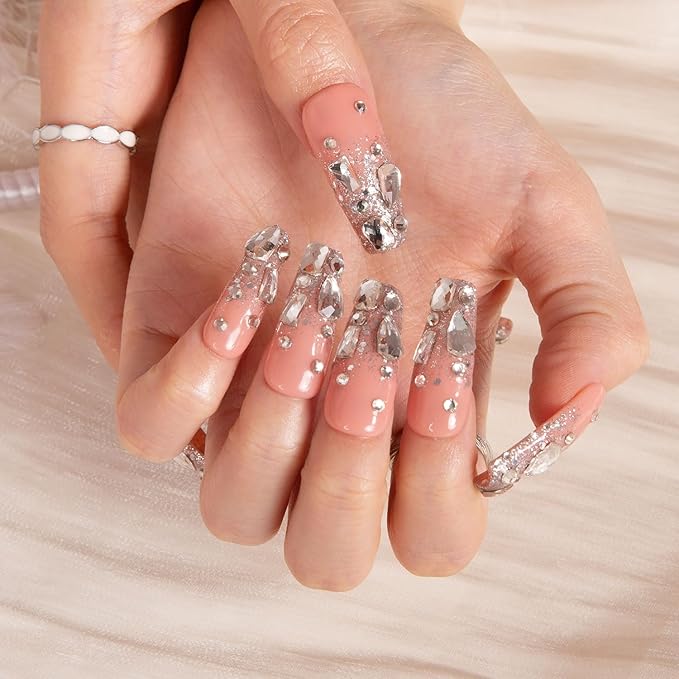 LOVFUL Press on Nails Silver Wind | Handmade with Full Covered Crystals | Reusable Full Cover Nails | Coffin Classic Regular 1.3 in | H126-S