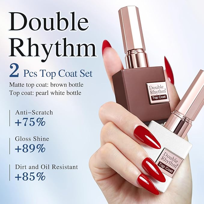 Double Rhythm 2 Pcs 15ML No Wipe Gel Top Coat and Base Coat Set Clear Glossy Gel Polish Kit Soak Off UV LED (Top Coat and Matte Coat)