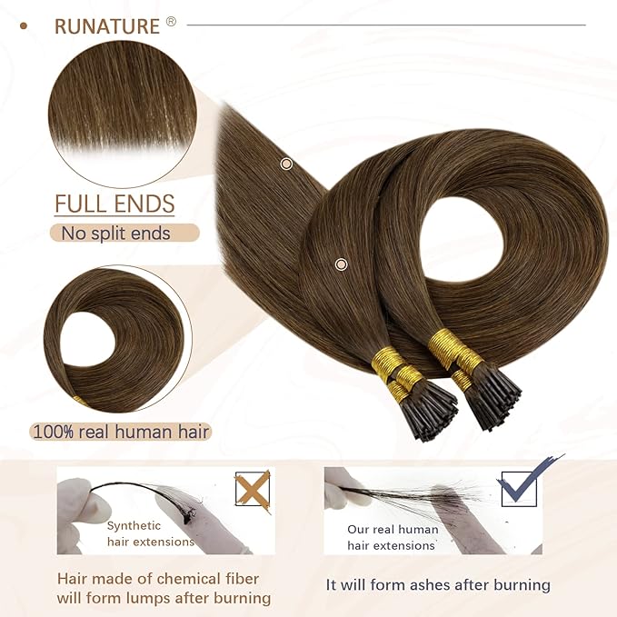 RUNATURE Brown I Tip Hair Extensions Human Hair 100 Strands Itip Hair Extensions Real Soft Hair Cold Fusion Can Be Styled with Heat 16 Inch 50G #4 Medium Brown