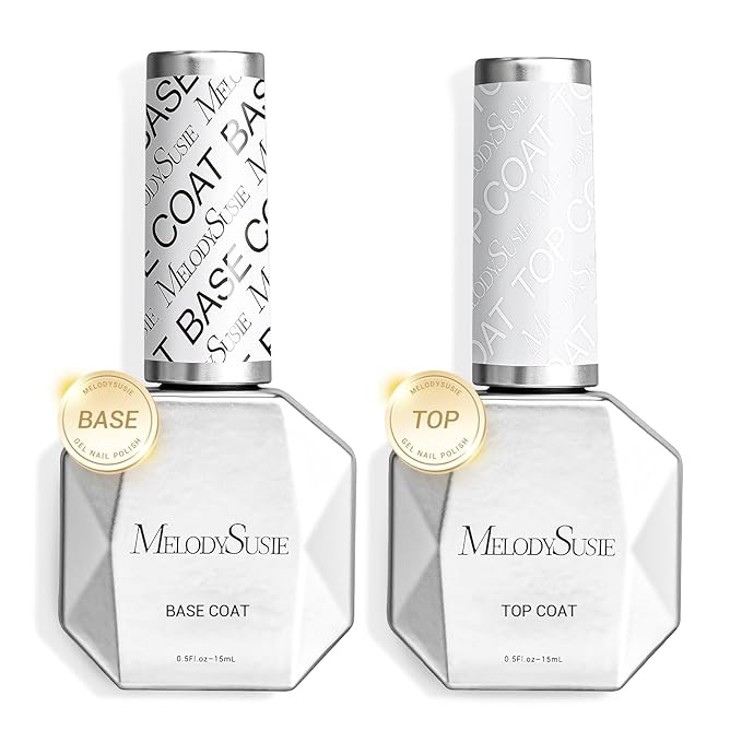 MelodySusie 2Pcs 15ml No Wipe Glossy Top Coat & Base Coat Set Long Lasting Shine Finish Soak Off UV LED Nail Lamp Nail Art Design Manicure Kit Perfect Gifts for Women Girls