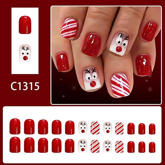 Christmas Press on Nails Short Square Fake Nails with Cute Elk Designs Red Glitter Xmas False Nail Winter Acrylic Stick on Nail for Women 24 Pcs