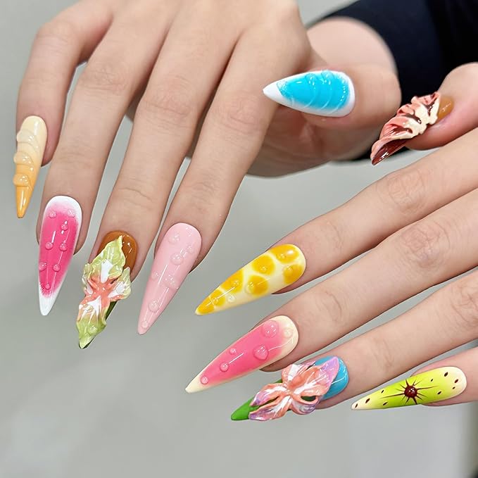 Thick Press on Nails Long Almond Handmade Nails with Glue,Tropical Flower Art Fake Nails with Water Droplet Pattern Designs Reusable Nature Stick on Nail False Nails for Wome (Size M)
