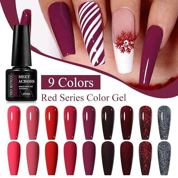MEET ACROSS 9 Colors Gel Nail Polish + 3PCS Function Gel Nail Polish Kit,Fashion Nail Art Set Design Gifts for Women Manicure Salon (SET1, 12pcs)