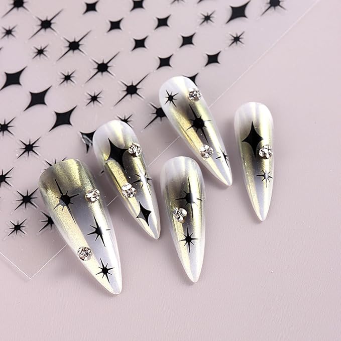 12 Sheets Star Nail Art Stickers Decals Gold Silvery Nail Stickers Star Design 3D Self-Adhesive Nail Decals Black White Manicure Supplies for Holiday Nail Art Decorations