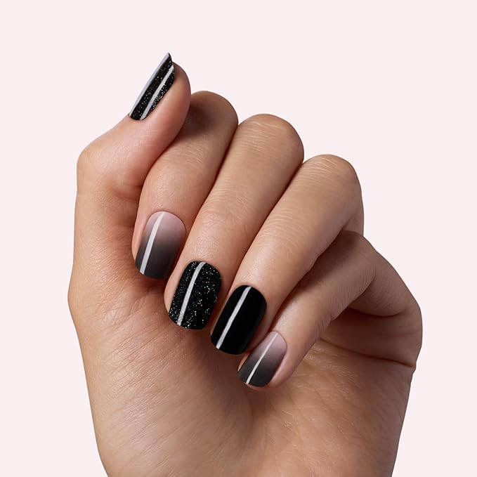 Dashing Diva Glaze Nail Strip 3-in-1 Kit - Best of Noirs - Long Lasting, Chip Resistant, Semi-Cured Gel Nail Strips - Contains 96 strips, 3 prep pads, 3 manicure sticks, 1 nail file