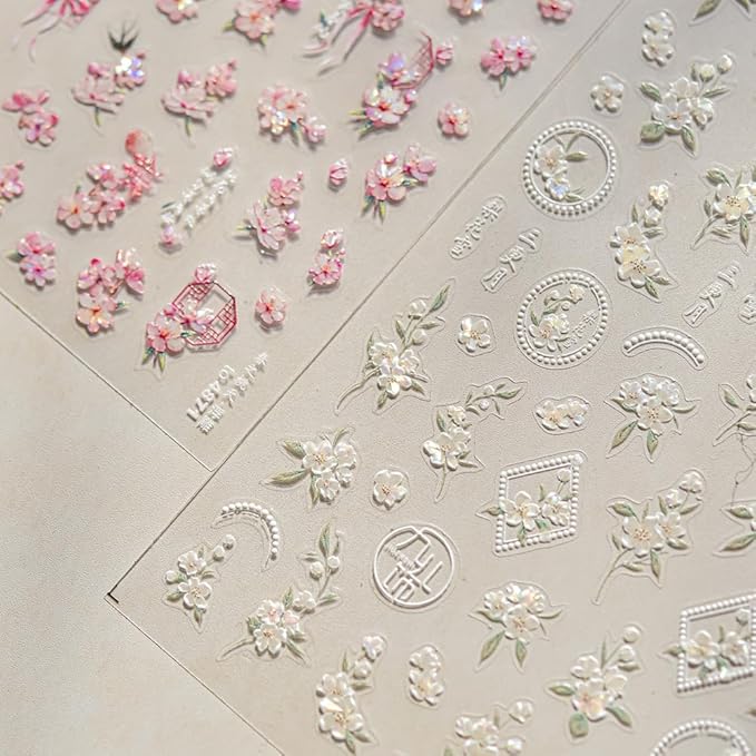 3D Spring Floral Nail Art Stickers, Pink and White Peach Pear Cherry Blossoms Design, Decorative Nail Decals (Delicate Flower)