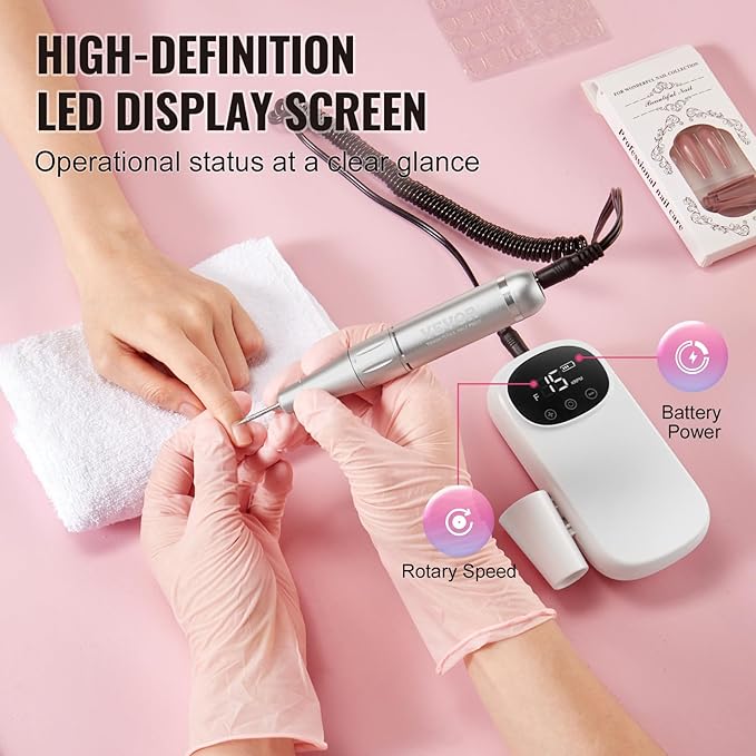 VEVOR Portable Electric Rechargeable Nail Drill, 35,000RPM Cordless Nail E File Machine, LCD-Display Acrylic Gel Grinder Tool for Manicure Pedicure Carve Polish with 6 Bits and 50PCS Sanding Bands