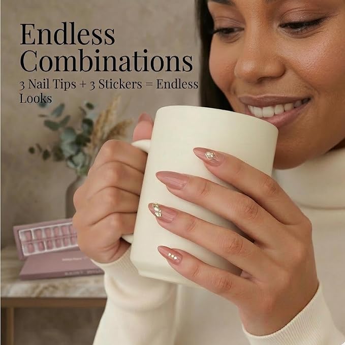 WilloTips Soft Gel Press-On Nail Tips – Medium Almond | 3 Nude Shades, 15 Sizes per Set | Gel-X Nail Extension Style, Tips-Only Refill Pack + Nail Art Sticker Sheets (No Glue, No Lamp)