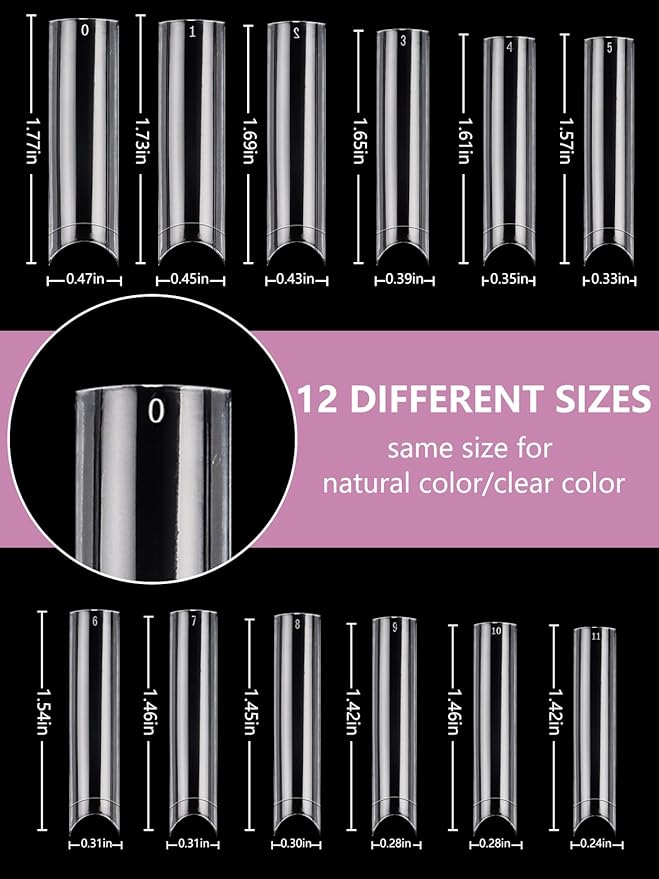 480PCS XL Extra Long C Curve Nail Tips, 2 Packs Natural and Clear Acrylic Nail Tips for Acrylic Nails Professional Set, Half Cover Square Straight Press on False Nail Tips for Nail Art 12 Sizes Box
