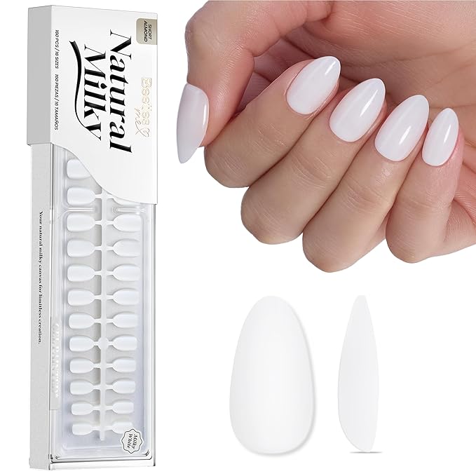 Beetles Natural Milky White Nail Tips | 160PCS, 16 Sizes Short Almond Nail Tips | Pre-Colored Full Cover Soft Nail Gel Fake Nails | Salon-Gel Look for DIY Manicure