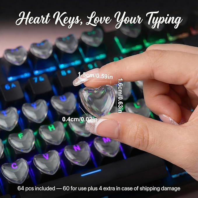 60pcs Keyboard Bubbles for Long Nails, Ergonomic Height Raised Glass Heart Key Covers, No-Residue, Reusable, Keyboard Stickers for Desktop Keyboards, External Keyboards, Calculator