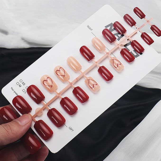 Red Press on Nails Medium Square Fake Nails Wine Red Heart False Nails Glossy Solid Color Glue on Nail Valentine's Day Acrylic Nails for Women Manicure 24Pcs
