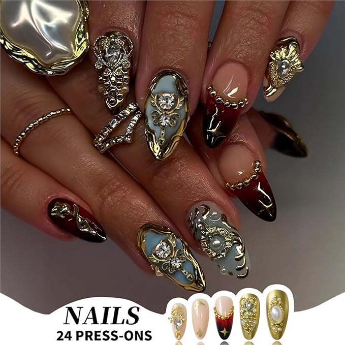 Almond Press on Nails Medium Fake Nails Gold Artificial Nail with Rhinestones and Gold Charm Designs French Tip Sparkly Stick on Nail for Women 24pcs