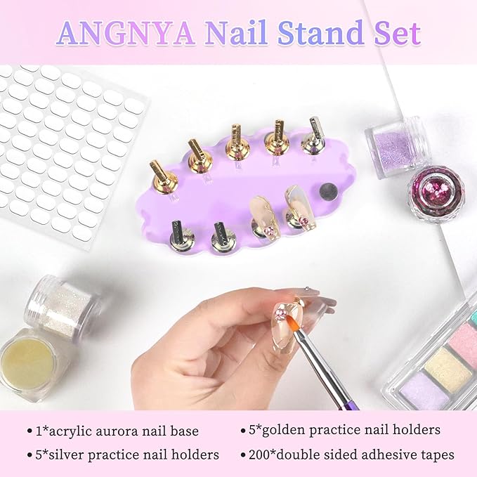 ANGNYA Nail Stand for Press on Nails Display, Magnetic Press on Nail Stand with 200 PCS Reusable Adhesive Tapes, Nail Tips Practice Painting Holder for DIY Nail Art Tools