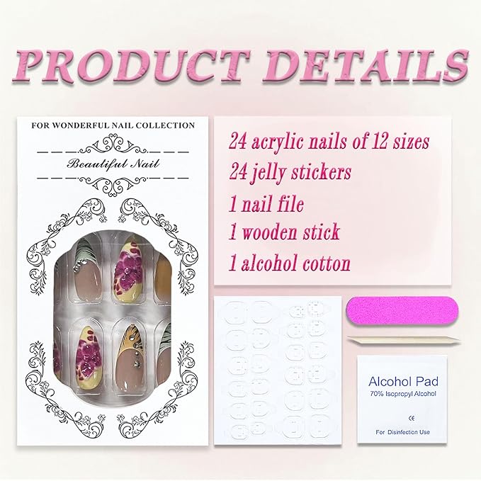 Handmade Press on Nails Medium Almond MABKJLF Fake Nails 3D False Nails with Flower Cherry Leopard Print Gold Ball Designs Glossy Glue on Nail Full Cover Acrylic Nails for Women Girls 24Pcs