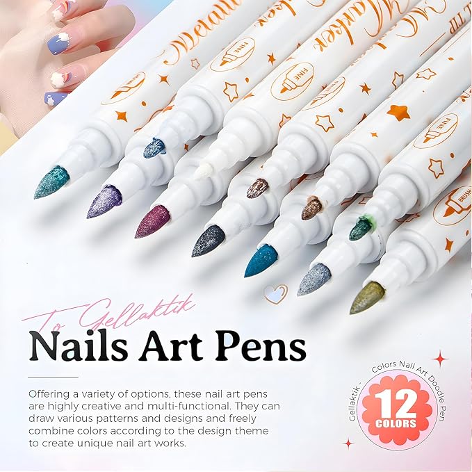 12 Colors Metallic Nail Art Pens Set, Double-Ended Nail Marker Pens for Nail Art Dotting Line Painting Designs, Water Based Quick Dry Paint Markers for DIY Manicure, Home & Salon Use
