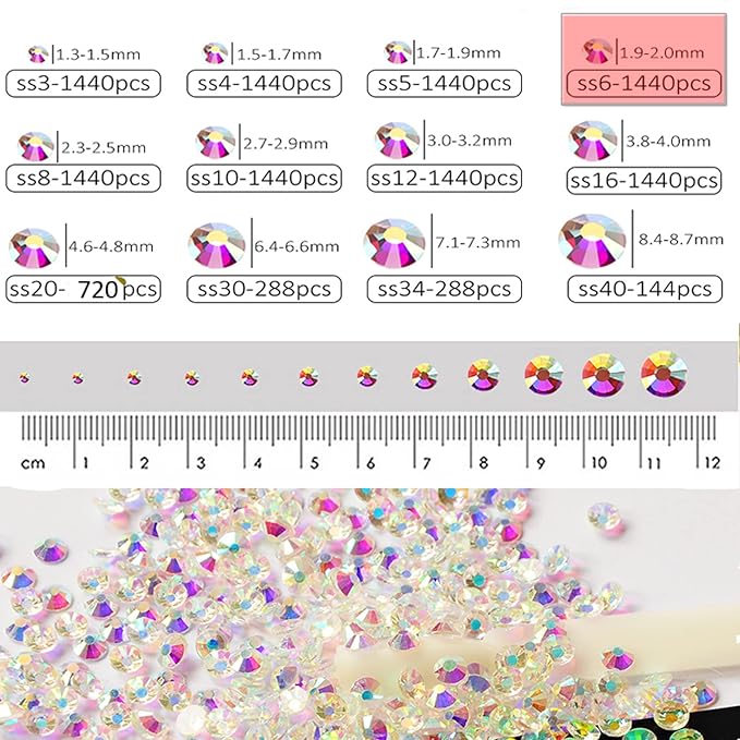 Dowarm 1440 Pieces SS6 Flatback Rhinestones, 2MM Flatback Crystal Rhinestones for Craft Nails Dance Costumes, Non Hotfix, Transparent AB