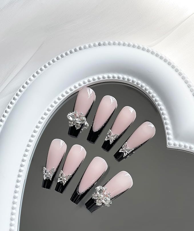 Press on Nails Long Coffin MABKJLF Black French Tip Fake Nails Full Cover False Nails with Butterfly Rhinestones Designs Glitter Glossy Stick on Nails Artificial Nails for Women Girls 24 Pcs