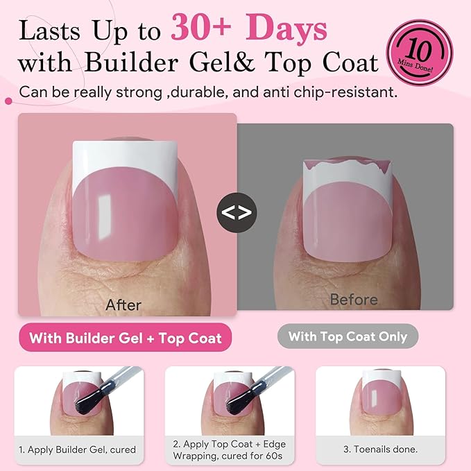 Toe Nails Press On French Tips for Women, 15 Sizes 150 Pcs Sharp Square Pre-applied Primer & Base Coat Toenail Press Ons Baby Pink Full Cover Fake Tips Extension, Builder Nail Gel & Top Coat Required