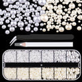 Belleboost Flat Back Pearls Kits 1 Box of Flatback White&Beige Half Round Pearls with Pickup Pencil and Tweezer for Home DIY and Professional Nail Art, Face Makeup and Craft