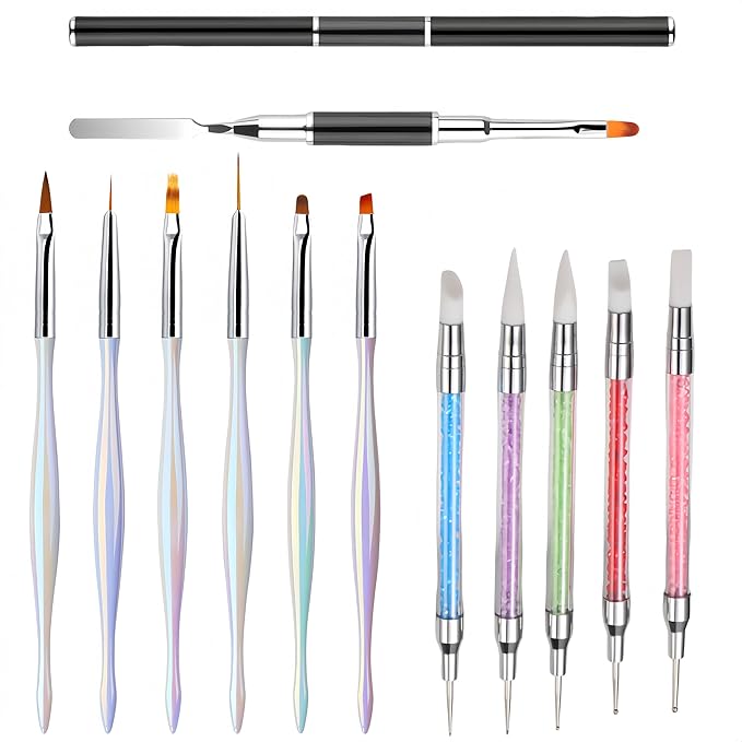 12PCS Professional Nail Art Brush Set,Liner Brushes,Acrylic & Gel Nail Extension Brush,Dual-Ended Silicone Nail Sculpture Dotting Pen Tools,Brush&Picker 2 IN 1 Design for Manicure,Home Salon Kit
