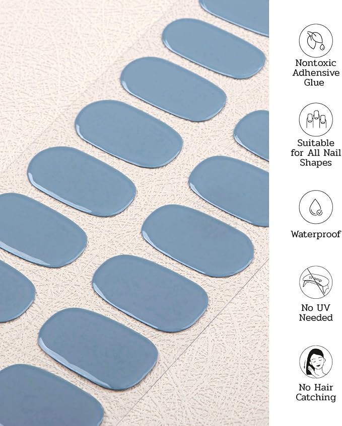 Nail Polish Strips (No UV Lamp Needed) - 22 Pcs Salon Quality Gel Nail Stickers - Long Lasting Wraps (Ash Blue)