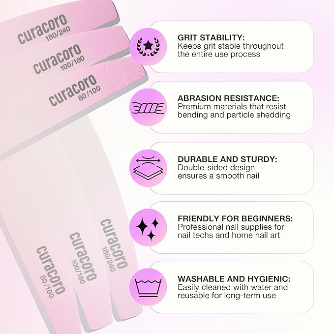 Curacoro 10 PCS Nail File - Professional Half-Moon Nail Files Double Sided Emery Board (80/100 Grit), Washable Nail Files and Buffers, Smooths & Shapes Nails, Manicure & Pedicure Buffing Tools
