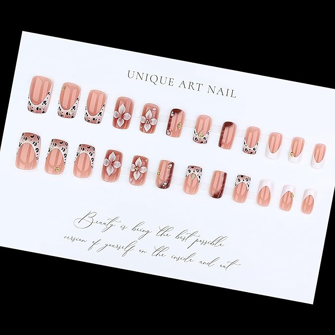 Short Press on Nails Square - Brown Fake Nails with Flower Design - Leopard Print Full Cover Stick on False Nails for Women 24 Pcs