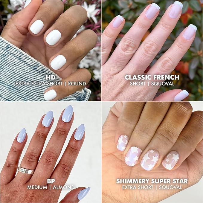 Olive & June Glue Press On Bestsellers Kit | Includes 4 Fake Nail Sets (HD Crisp White, Classic French, Shimmery Super Star, BP Icy Blue) | Realistic Look, Non-Damaging Glue, Up to 14-Day Wear