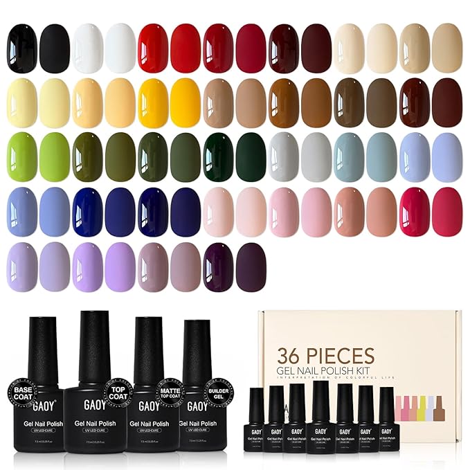 GAOY 36 Pcs Gel Nail Polish Set, 32 Colors All Season Gel Polish Kit Red Pink Purple Green Blue with 4 Pcs Soak off Base Glossy Matte Top Coat & Builder for Nail Art DIY Manicure at Home
