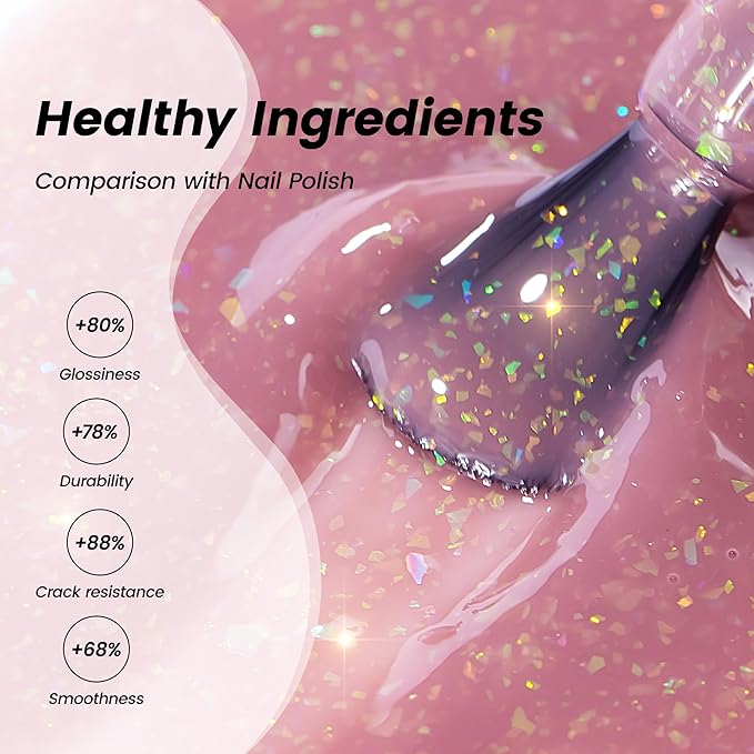 YTD Likomey Gel Nail Polish,Nude Glitter 15ml Rose Pink Brocade Shimmer Jelly Translucent Neutral Holographic Iridescent Sparkly Flakes Salon UV Manicure Nail Art Varnish,SF368