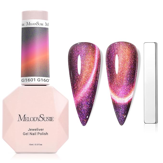 MelodySusie 9D Chameleon Cat Eye Gel Nail Polish, 0.5 Fl Oz Pink Glitter Holographic Magnetic Nail Polish with Magnet, UV Nail Polish for Nail Art Manicure Salon DIY at Home G1601