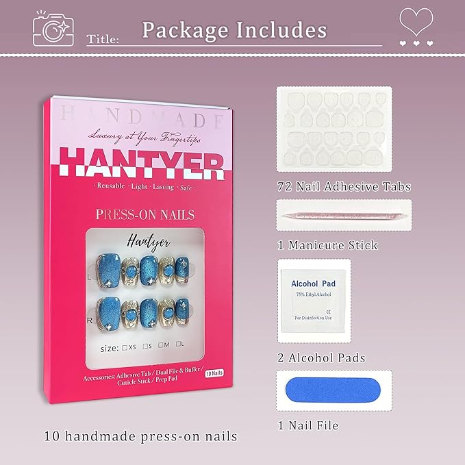 Short Square Press On Nails,Baroque Style Blue Cat Eye Mirror Powder Sparkling Ice Design Fake Nails 10PCS with Tools Kits,Hand-Painted Gold Luxury False Nails for Elegant Daily Wear(M)