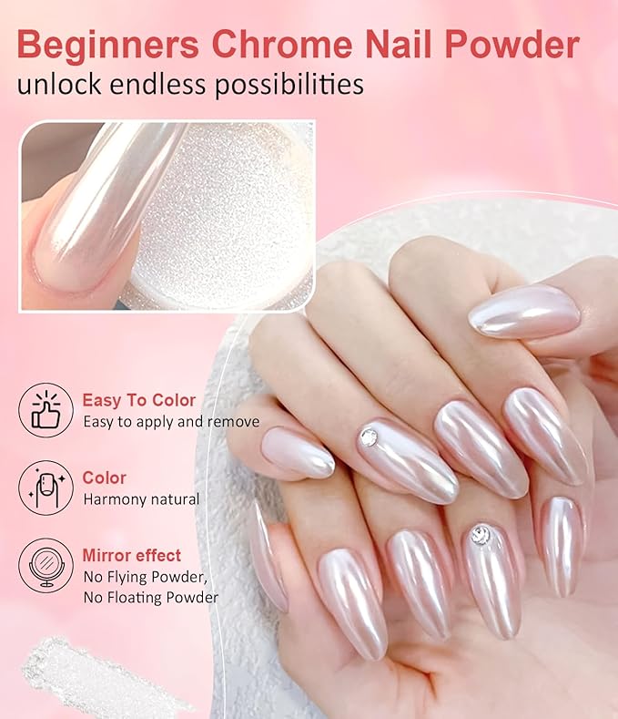 Pearl Chrome Nail Powder BISHENGYF -【Metallic Mirror Effect】Magic Mirror Silver Chrome Nail Powder White Aurora Mermaid Iridescent Nail Chrome Powder Glitter Pigment Dust For Nail Art Decroation DIY