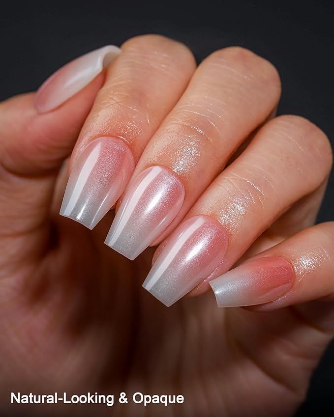 16 Sizes Coffin Press on Nails Chrome Ombre Reusable 32pcs Glossy Gel Fake Nails with Glue and Jelly Stickers (Pearlescent White Ombre)