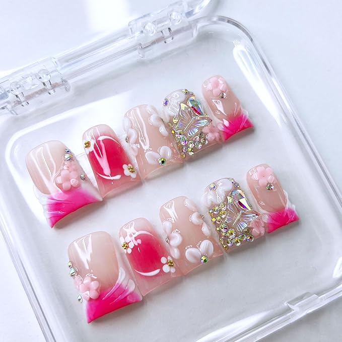 10 Pcs Handmade Press on Nails Medium Duck Fake Nails with Glue,Butterfly Rhinestone Rose Pink False Nails with 3D Flower Designs Thick Acrylic Reusable Stick on Nails for Women Girls（Size M）